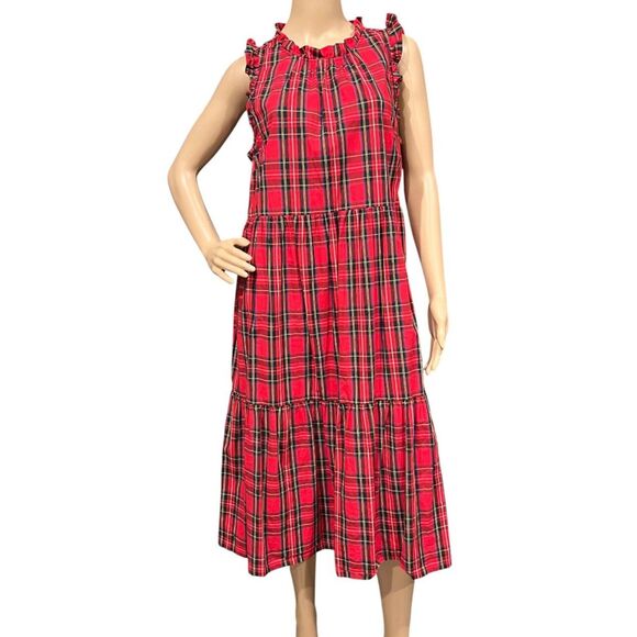 J CREW NWOT BC706 Holiday Trendy RED Tartan Plaid Tiered Ruffle Midi Dress Sz 12 - Picture 4 of 11